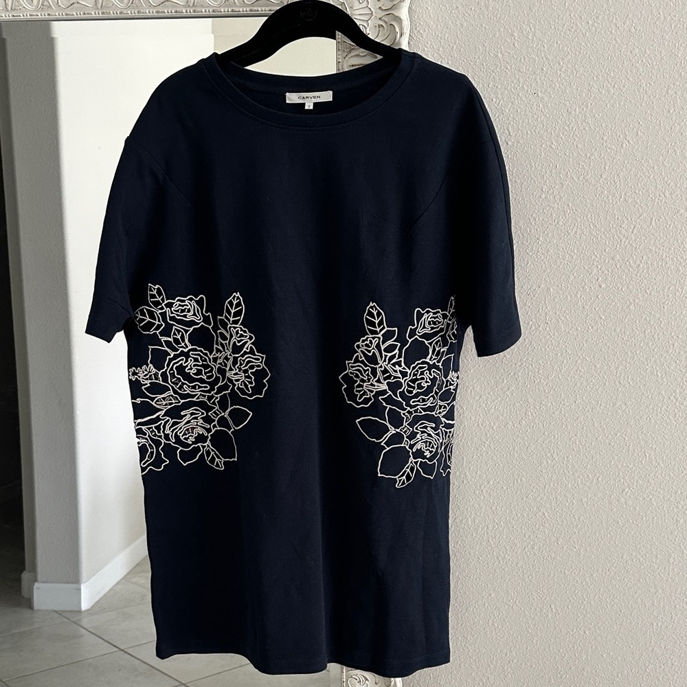 Carven Navy Dress with Cream Cutout Floral Embroidery